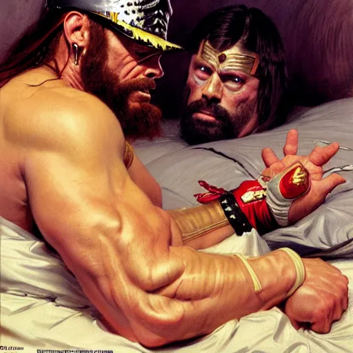 Image similar to macho man randy savage ring gear is in his bed, nervous and terrified, because lex lugar in a wheel chair is attacking him. highly detailed painting by gaston bussiere, j. c. leyendecker, greg rutkowski, craig mullins 8 k