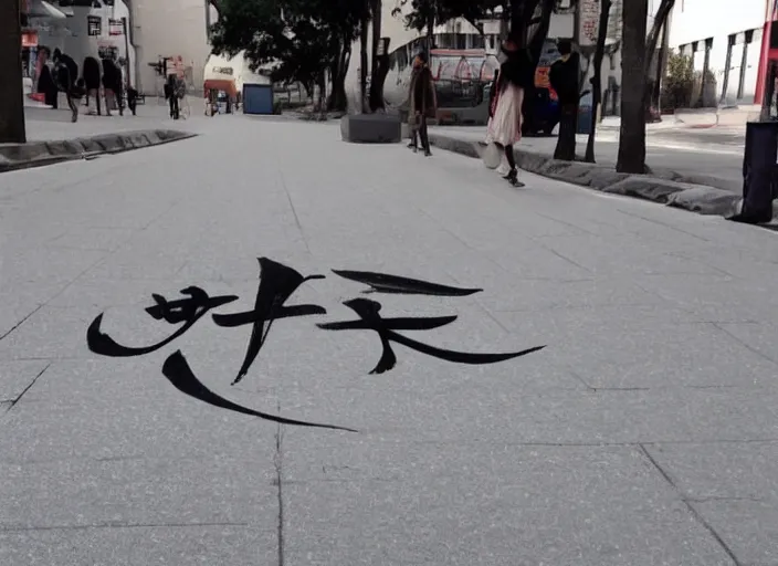 Prompt: a beautiful calligraphic kanji painted on the street, akira style, natural light