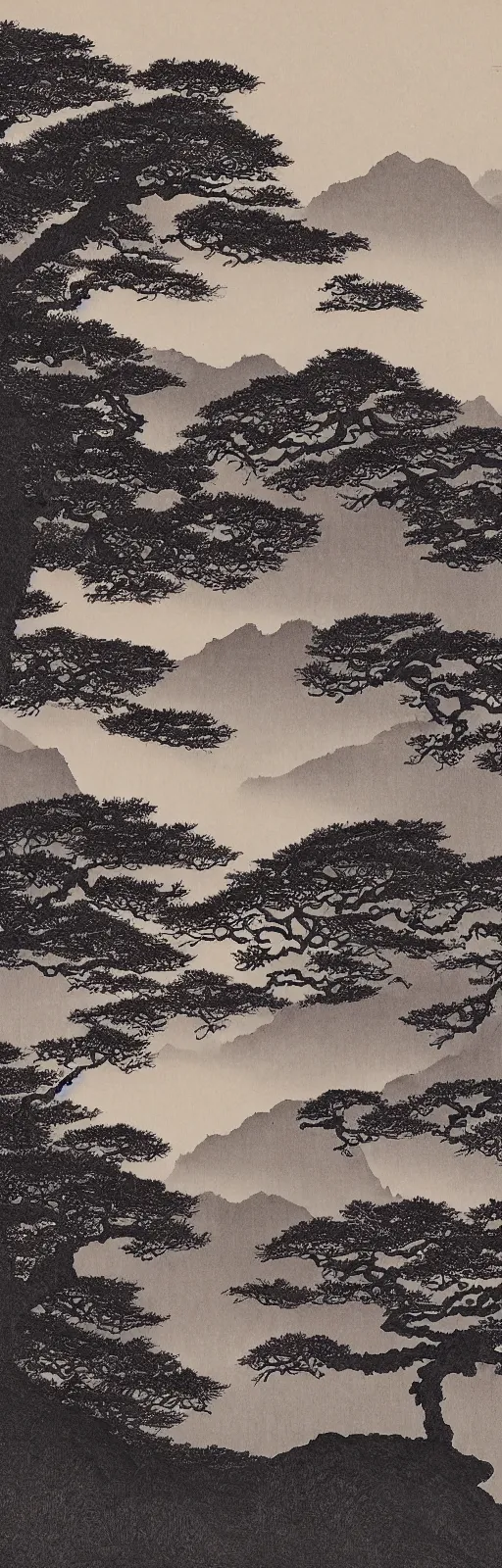 Image similar to Masterful sumi-e ink on Xuan paper by Hayao Miyazaki and Ohara Koson, interpretation of A beautiful landscape photography of Zhangjiajie mountains, an intricate tree in the foreground, sunset, dramatic lighting by Anselm Adams and Albrecht Durer, chiaroscuro, shadow and light,