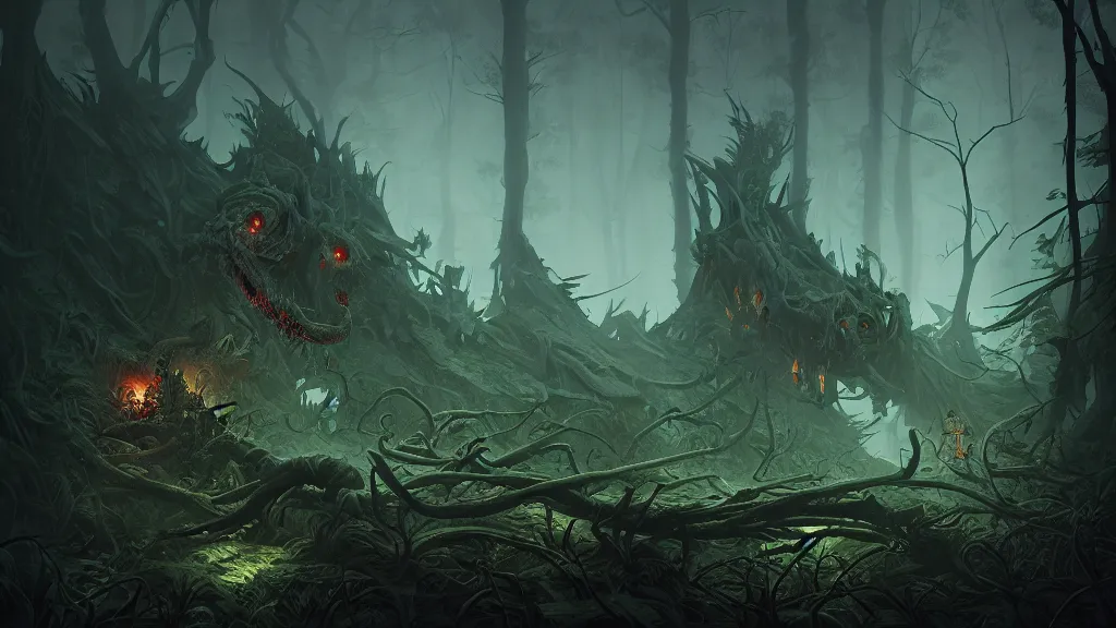 Image similar to a photograph of a decomposing thanatosdrakon in a dark scary forest, dark, hyper - detailed andreas rocha and anton fadeev