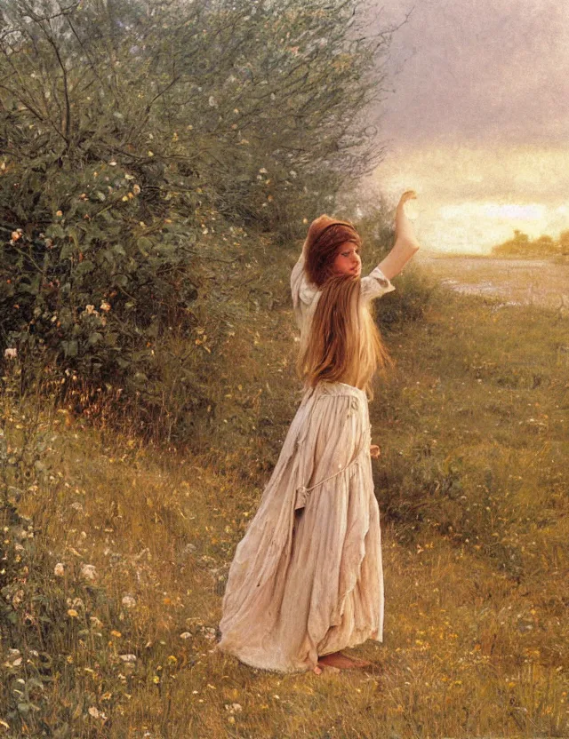 Prompt: peasant barefoot girl with long hair laying edge of rock, cottage core, cinematic focus, polaroid photo bleached vintage pastel colors high - key lighting, soft lights, foggy, by steve hanks, by lisa yuskavage, by serov valentin, by tarkovsky, 8 k render, detailed, oil on canvas