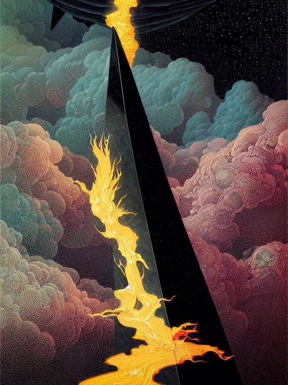 Image similar to black electric flames of silver engulfing an obsidian obelisk by victo ngai and karol bak, rococo, smoky, highly detailed, hyperrealistic, energy, low light, high contrast, bright sky