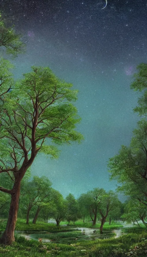 Prompt: pink hearts flooding the starry night sky, green forest, trending on artstation, beautiful, detailed, realistic, 4 k