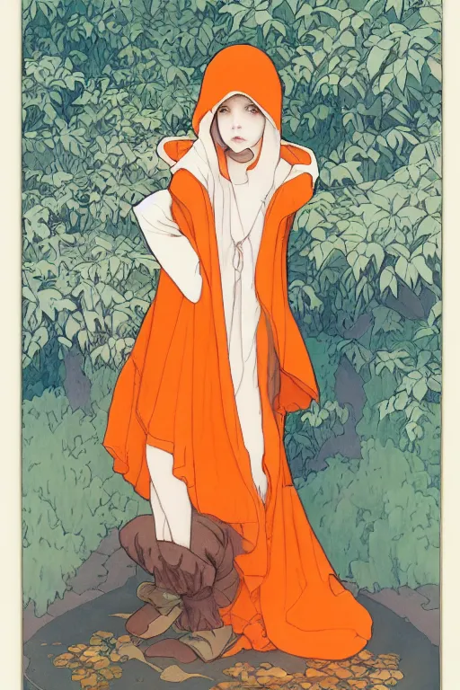 Image similar to a Girl in a large hood crouching on the ground by studio ghibli and mucha ,Visual Communication Design Refreshing colour ,orange slices,album,Microphone