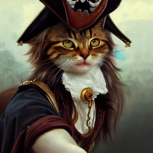 Image similar to Portrait of a Cat as a Pirate, photo, highly detailed oil painting, photorealistic, highly detailed, digital painting, artstation, concept art, smooth, sharp focus, illustration, art by artgerm and greg rutkowski and alphonse mucha