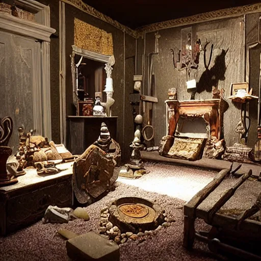 Image similar to room of a dark mansion, objects from ritual in the ground, realistic, highly detailed, the shining