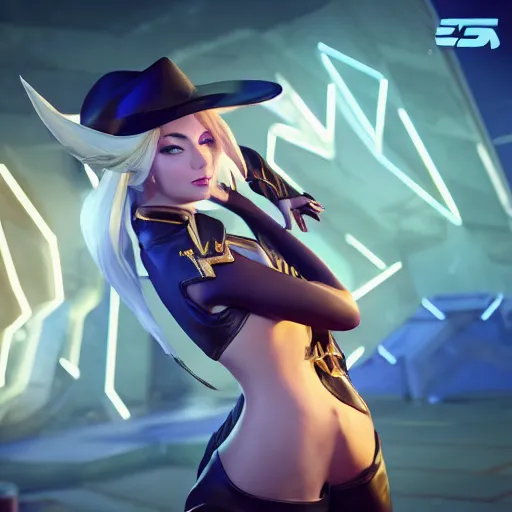 Image similar to still of pretty Ashe (League of Legends) in KDA More music video. 3d render, octane render, game art, realistic, highly detailed, trending on artstation, 4k, trending on artstation, pixar, cgsociety, unreal engine 5, redshift render, trending on artstation, blender, behance, cg