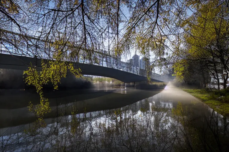 Prompt: low-angle photo aimed at the underside of Edmonton Walterdale bridge, light river mist, river reflection of summer trees and Edmonton Alberta hillside city towers, volumetric light, specular highlights on water, noon, dynamic raised shadows, high dynamic range, highlights reduced, sigma 24mm f8