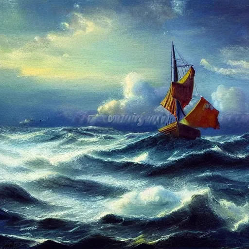 Prompt: ship in the sea, boat, sails, history, wood, oil painting, waves, romanticism, clouds, sunset, colorful