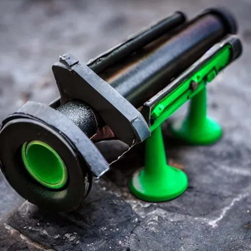 Image similar to a working rocket launcher that was 3 d printed using black and green filament. 8 5 mm lens, f 1. 8.