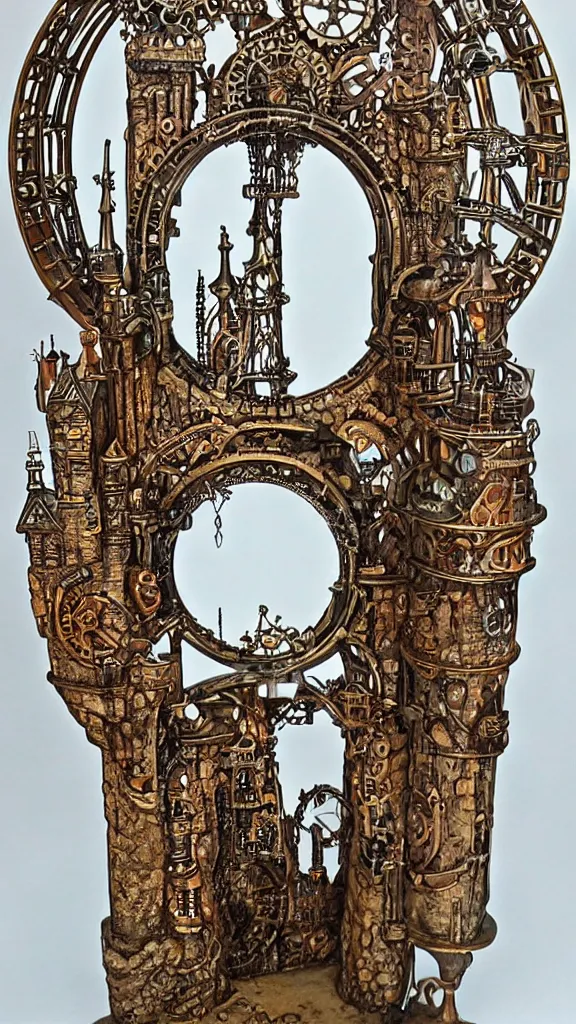 Prompt: fantasy land through round gateway, steampunk, highly detailed, intricate