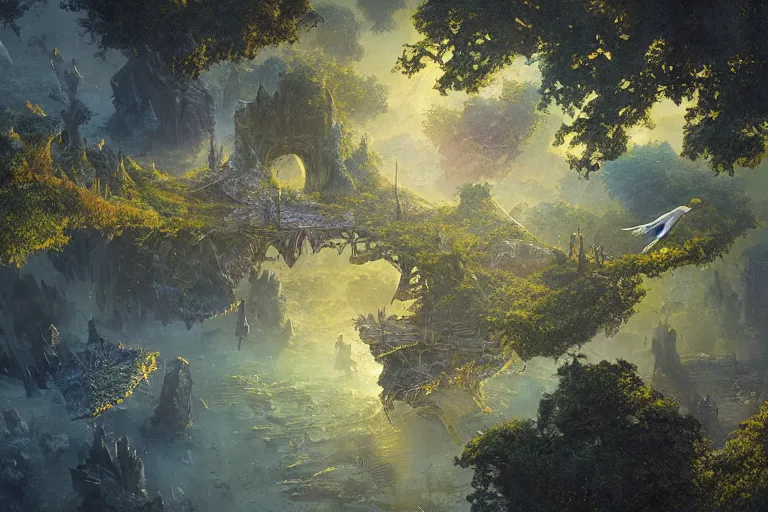 Image similar to aerial view, fantasy painting, dungeons and dragons, a faerie village hovels, swamp reeds wetland marsh sunset estuary, with ominous shadows, an egret by jessica rossier and brian froud cinematic painting