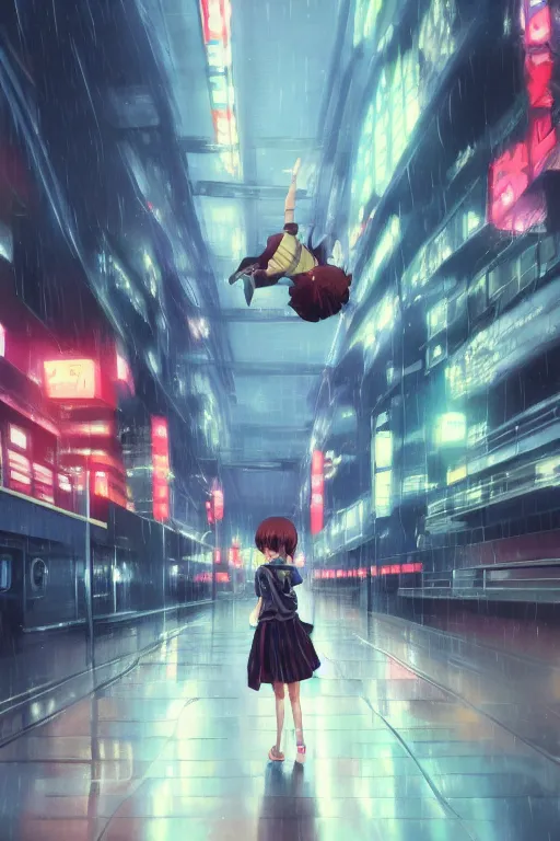 Image similar to 3d ultra realistic anime illustration, two schoolgirls and cat flying on huge japanese elevated subway at rainy night. deep and complex composition. pastel smooth colors. style of Hiro Kiyohara anime. redshift, octane, trending on artstation, cinematic, oil painting