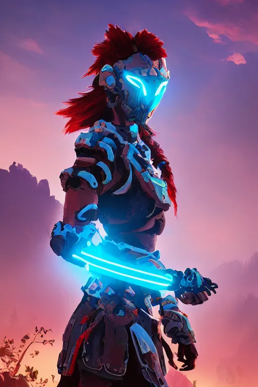 Image similar to combination suit armor aloy horizon forbidden west horizon zero dawn radiating a glowing aura global illumination ray tracing hdr fanart arstation by ian pesty and alena aenami artworks in 4 k tribal robot ninja mask helmet backpack