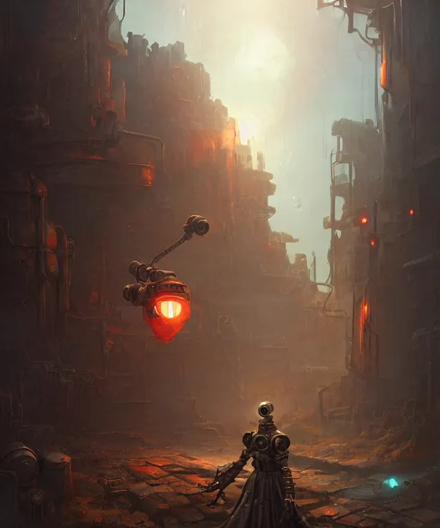 Prompt: an rusty old vintage sci - fi robot, standing an abandoned alleyway, dnd character art portrait, matte fantasy painting, deviantart artstation, by jason felix by steve argyle by tyler jacobson by peter mohrbacher, cinematic lighting