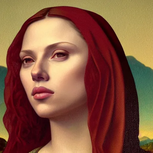 Image similar to scarlett johansson as mona lisa, highly detailed, digital painting, artstation, concept art, matte, sharp focus, illustration, art by artgerm and greg rutkowski and alphonse mucha