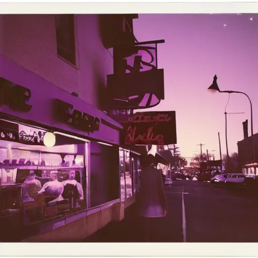 Prompt: low angle wide shot of desert city Night Vale pizzeria, with blurred figures in dark hoodies, in the lilac sunset, lomography, polaroid photo, by Warhol,