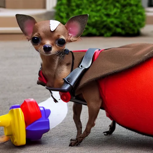 Image similar to photo of mini brown chihuahua in a bowser costume. Post processing , award winning , masterpiece , photo realistic