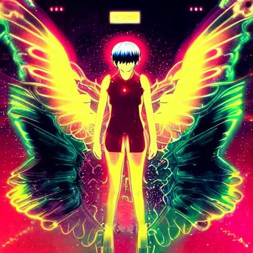 Image similar to white arc - angel with mystic robotic wings, blade runner, akira, ghost in the shell, style of laurie greasley and satoshi kon + symmetric lights and smoke, psychedelic effects, glowing particles, neon rain, glowing runes, de - noise, symmetrical composition, high detailed + tarot card, ornate border, 8 k