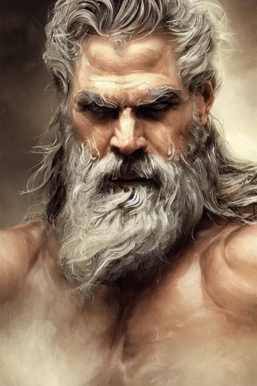 Image similar to painted portrait of rugged zeus, god of thunder, greek god, white hair, masculine, mature, handsome, upper body, muscular, hairy chest, fantasy, intricate, elegant, highly detailed, digital painting, artstation, concept art, smooth, sharp focus, illustration, art by gaston bussiere and greg rutkowski