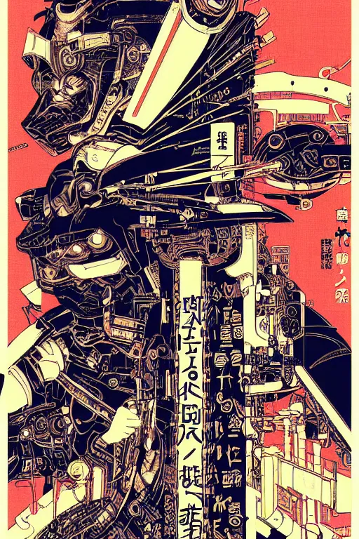 Image similar to futuristic japanese cyberpunk bladerunner silk screen by utagawa yoshiiku, ohara koson, pixiv contest winner, cyberpunk style, cyberpunk color scheme, mechanical, robotic, human machine interface, high resolution, hd, bold clear lines