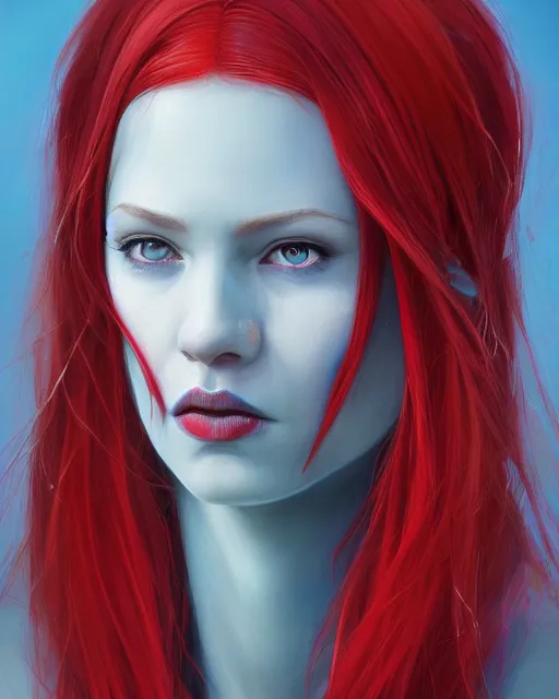 Image similar to A detailed matte oil on canvas head on symmetrical portrait of a distinguished elven woman with split red and blue hair on an empty background, by Charlie bowater, Wlop, trending on artstationhd, dungeons and dragons art, parted hair , half blue, half red , split dye, critical role