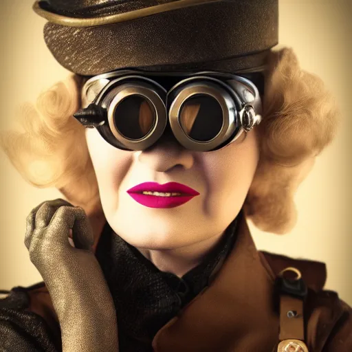 Image similar to dslr photo portrait still ofa young marlene dietrich wearing steampunk goggles, 8 5 mm, f 1. 8, photorealistic, 4 k, octane render, by wayne barlow,