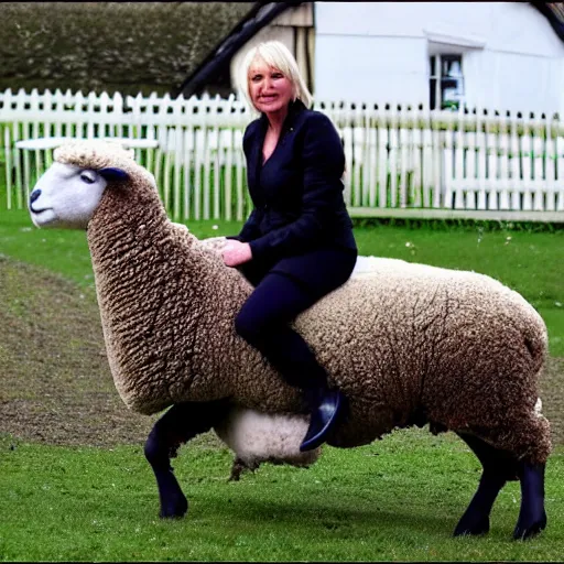 Prompt: nadine dorries riding a sheep