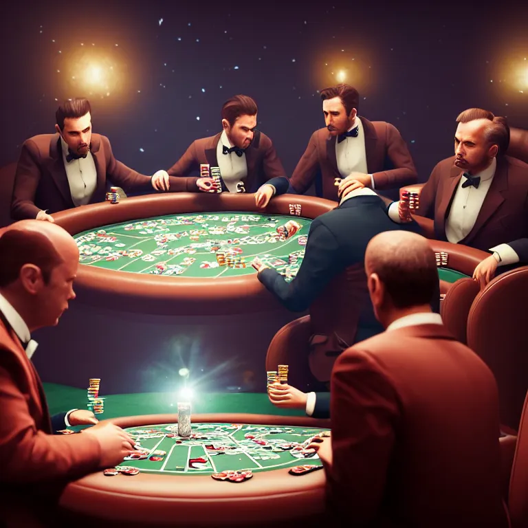 Image similar to Three mafiosi playing poker in open cosmos, star systems are visible in the background. Extremely high details, realistic, fantastic octane render, cinematic, hyperrealism, 8k, masterpiece