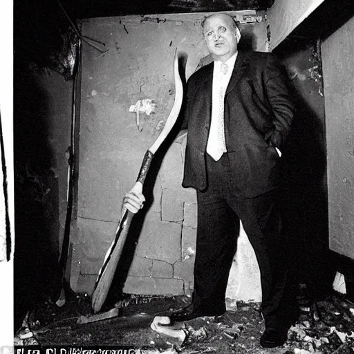 Prompt: “an uncanny photo of a president that didn’t exist, holding a hammer, standing in an abandoned basement, smiling maniacally, grotesque clothing, rotting skin”