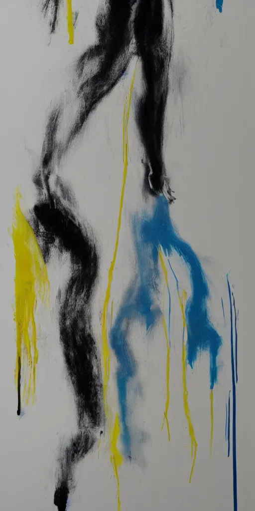 Image similar to thick paint brush strokes, outline of a thin athletic male physique doing pullup, matte paint colors, minimal painting, negative space, james nares