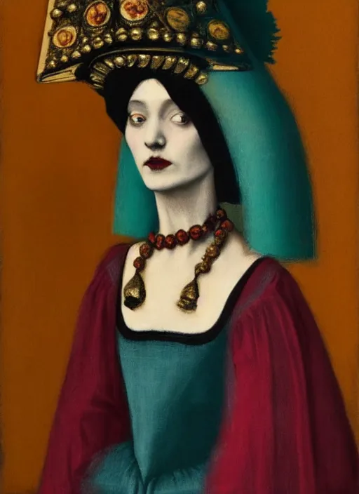 Prompt: young woman in renaissance dress and renaissance headdress, art by sarah moon