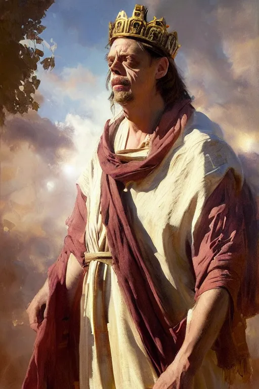 Image similar to beautiful expressive oil painting portrait of ancient roman god emperor steve buscemi ascending wearing the civic crown, art by anders zorn, wonderful masterpiece by greg rutkowski, beautiful cinematic light, american romanticism by greg manchess, jessica rossier