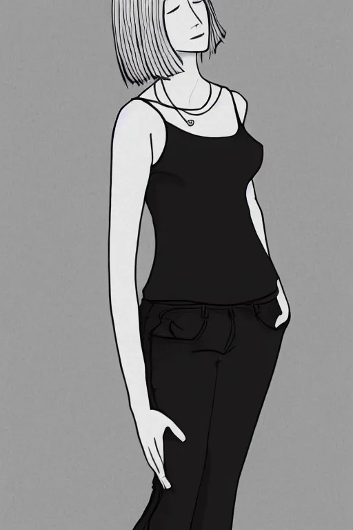 Image similar to portrait of a girl in long pants and a top, hands in pockets, eyes closed, bob haircut, digital art, black and white, lineart by bakartstudio 7