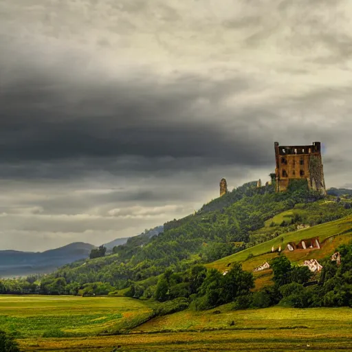 Image similar to Vast verdant empty flat valley surrounded by Transylvanian mountains. A huge zeppelin in the sky among dark clouds. A ruined medieval castle on the hillside in the background. No villages or buildings. Late evening light in the summer, gloomy weather. Hyperrealistic, high quality, sharp, highly detailed, petru bejan.