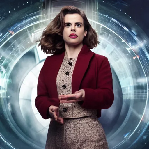 Image similar to a beautiful full body photograph of hayley atwell dressed as doctor who, time vortex in the background, symmetrical face, extreme realism and detail, 8 k, completely framed, direct lighting, 3 5 mm photo, photorealistic, sharp focus