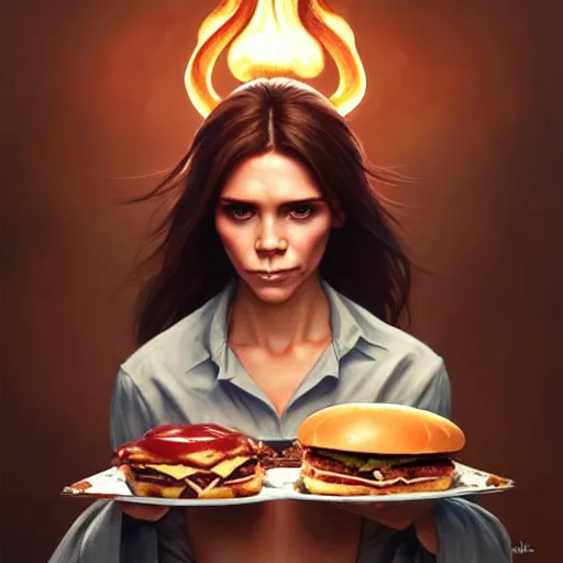 Image similar to Victoria Beckham Eating Big Macs, dripping BBQ Sauce, serving burgers, D&D, fantasy, intricate, elegant, highly detailed, digital painting, artstation, concept art, matte, sharp focus, illustration, hearthstone, art by Artgerm and Greg Rutkowski and Alphonse Mucha