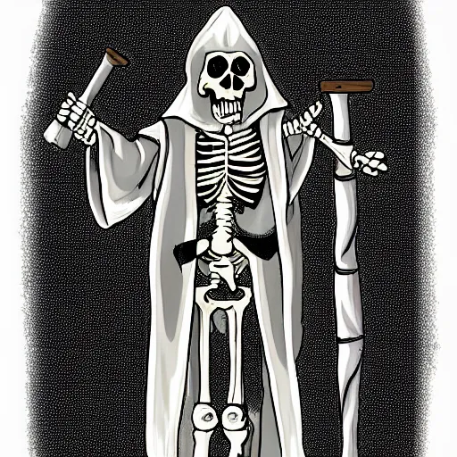 Prompt: skeleton wizard in a robe holding a staff and a scroll, digital art