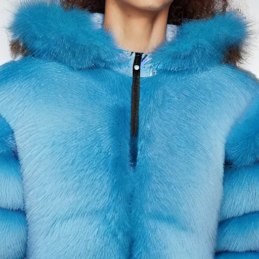 Image similar to nike jacket made of very fluffy blue faux fur : : with a reflective iridescent nike logo, professional advertising, overhead lighting, heavy detail, realistic