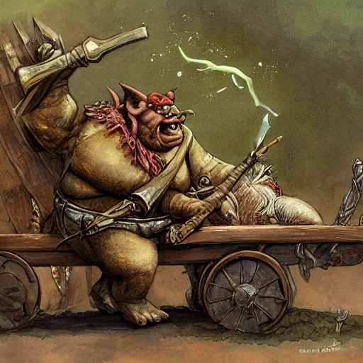 Prompt: painting of corpulent goblin riding in a slapdash wooden cart holding a lance, fantasy art, magic : the gathering art, by diterlizzi