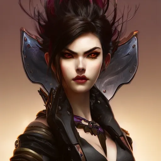 Prompt: dark fantasy character portrait of Widowmaker from Overwatch, intricate, wild, highly detailed, digital painting, artstation, upper body, concept art, smooth, sharp focus, illustration, art by artgerm and greg rutkowski and alphonse mucha