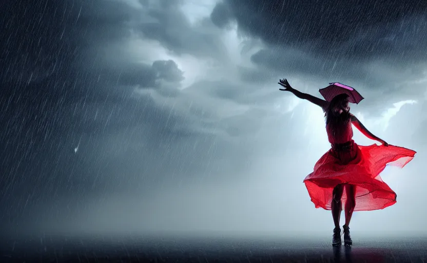 Prompt: a hyperdetailed photorealistic beautiful woman dancing in a thunderstorm, rain, global illumination, volumetric lighting, cinematic framing, cinematic lighting, cinematic shadows, in the style of 2 0 2 2