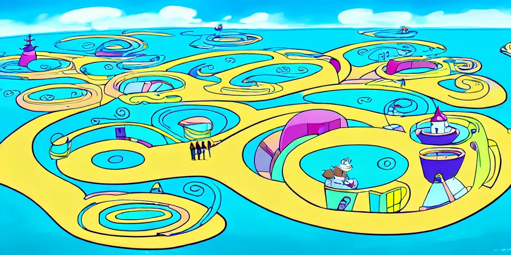 Image similar to chubby spiral shape cartoon concept art, docklands near the sea, from lorax movie, sam and max