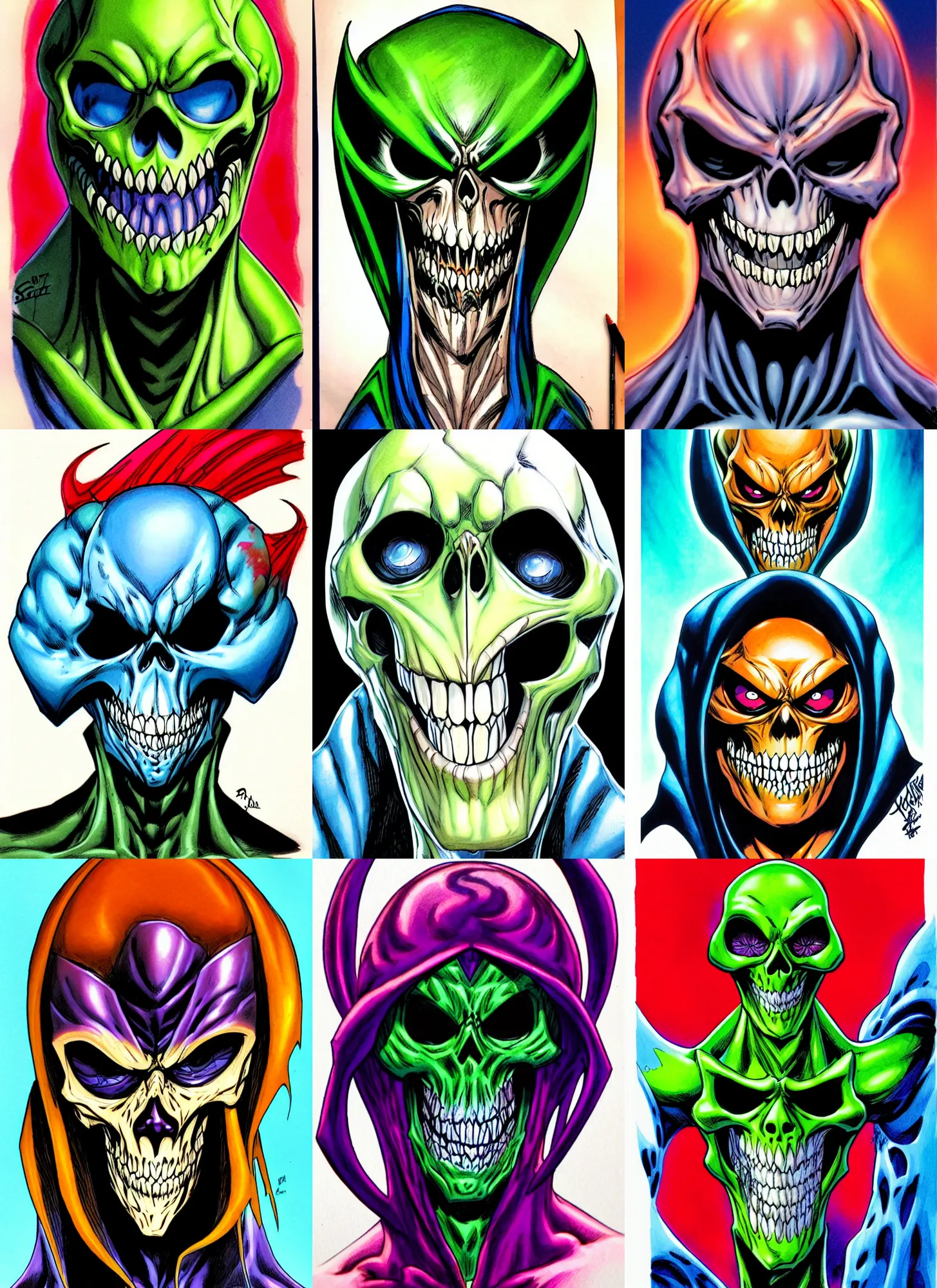 Prompt: macro head shot centered ink colored airbrushed gouache sketch by phil jimenez!!!!!!!! centered symmetrical headshot of crazy maniac skeletor in the style ofj scott campbell
