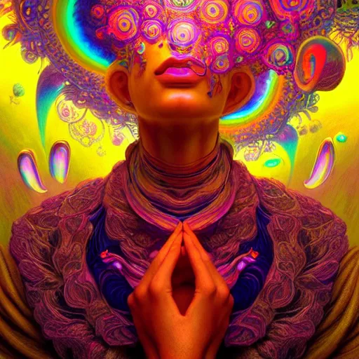 Prompt: A psychedelic experience, colorful, surreal, volumetric lighting, magic mushrooms, psilocybin, LSD, face, detailed, intricate, elegant, highly detailed, digital painting, artstation, concept art, smooth, sharp focus, illustration, art by Sam Spratt and Artem Demura and Alphonse Mucha