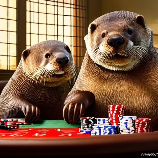 Image similar to otters playing poker, hyper detailed, dramatic lighting, cgsociety, realistic, hyper detailed, insane details, intricate, dramatic lighting, hypermaximalist, golden ratio, rule of thirds, octane render, weta digital, micro details, ultra wide angle, artstation trending, 8 k,