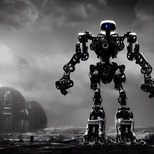 Image similar to black and white death robot, science fiction, 4 k, super high detail