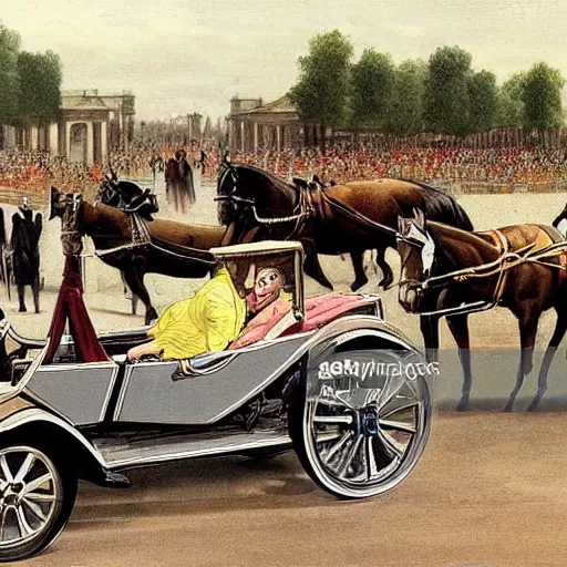 Prompt: lady catherine de bourgh from pride and prejudice drives her barouche box pulled by two horses on the formula 1 circuit of le mans. she is surrounded by cars with models like ferrari, lamborghini or porsche. cinematic, technicolor, highly intricate