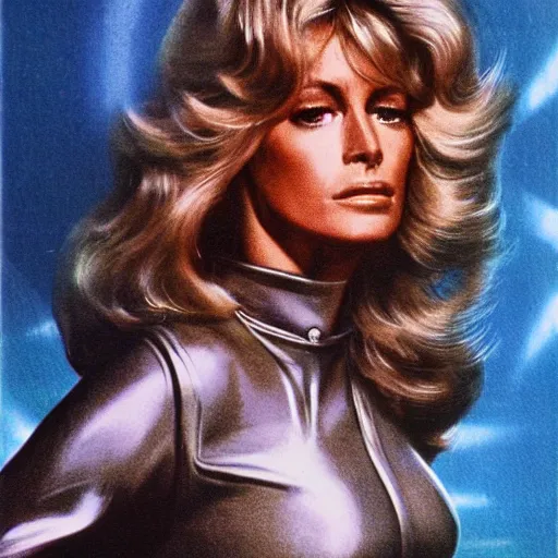 Image similar to movie still, 1 9 7 0 s, sci - fi farrah fawcett in combat suit, hyperdetailed, by tarkovskij, blue lights