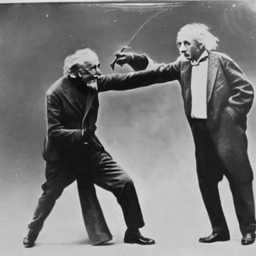 Image similar to vintage photo of Einstein and Thomas Alva Edison fighting